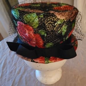Vintage Ladies Floral Funky 60s Cloche Hat With Bow & Netting Rare